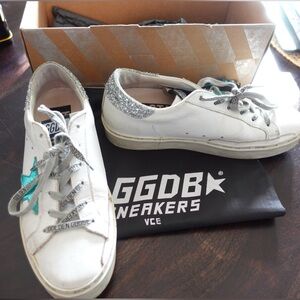 Golden Goose Distressed Sneaker white silver and green